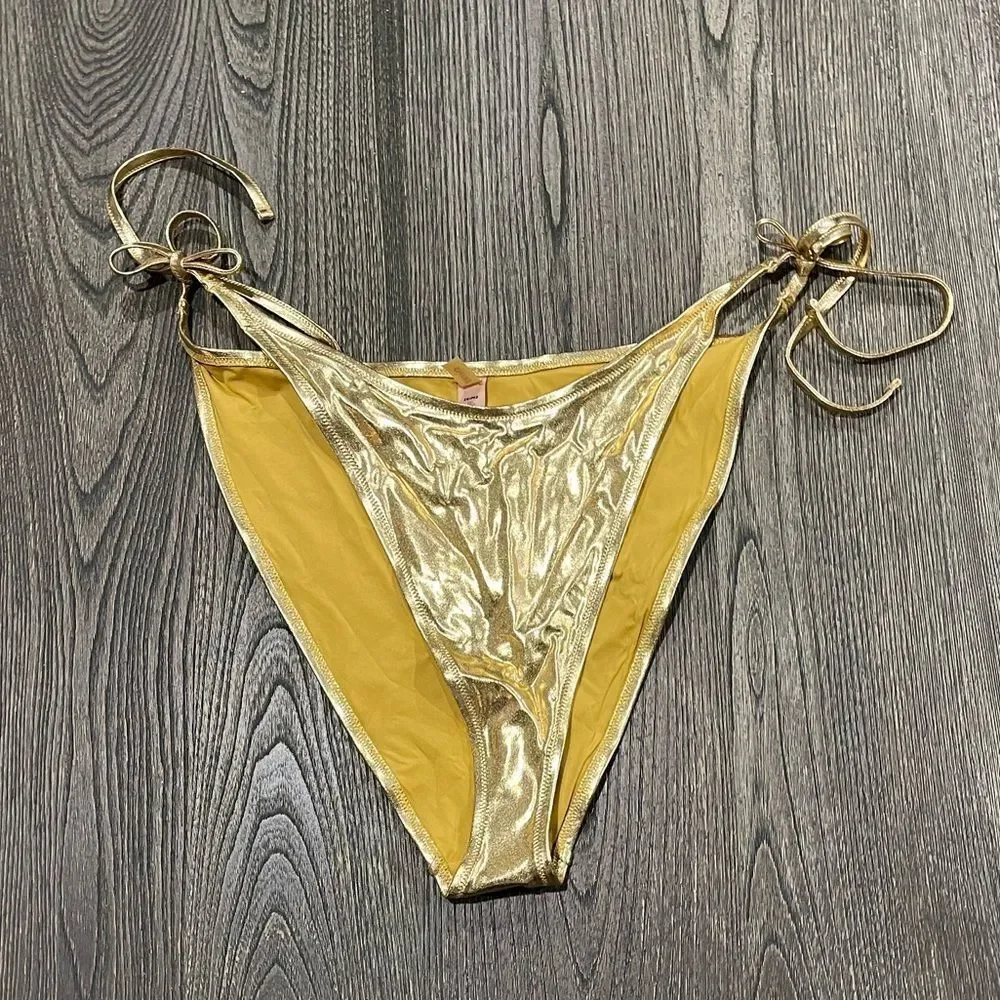 NWT SKIMS Metallic Swim Skimpy Triangle Bottom Side Tie Swimwear Gold Size 3X